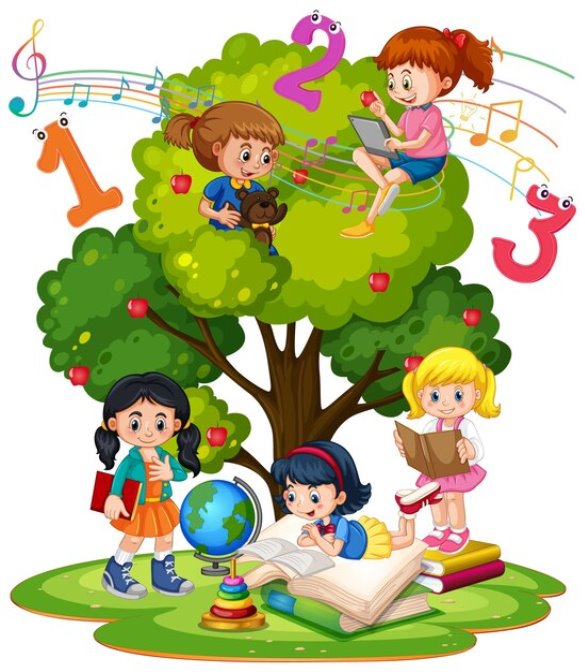 Бесплатное векторное изображение Дети читают книги на стопке книг в саду